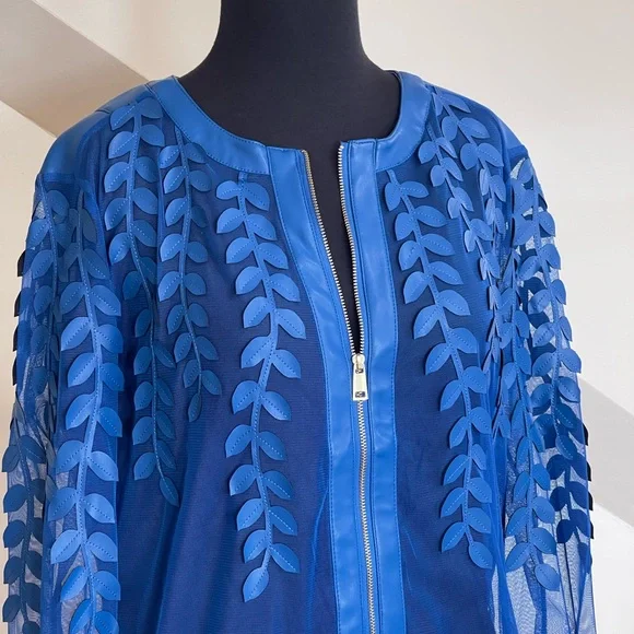 Colleen Lopez Vibrant Blue Sheer Faux Leather Jacket Women’s Sz S Leaf Details - Picture 2 of 13